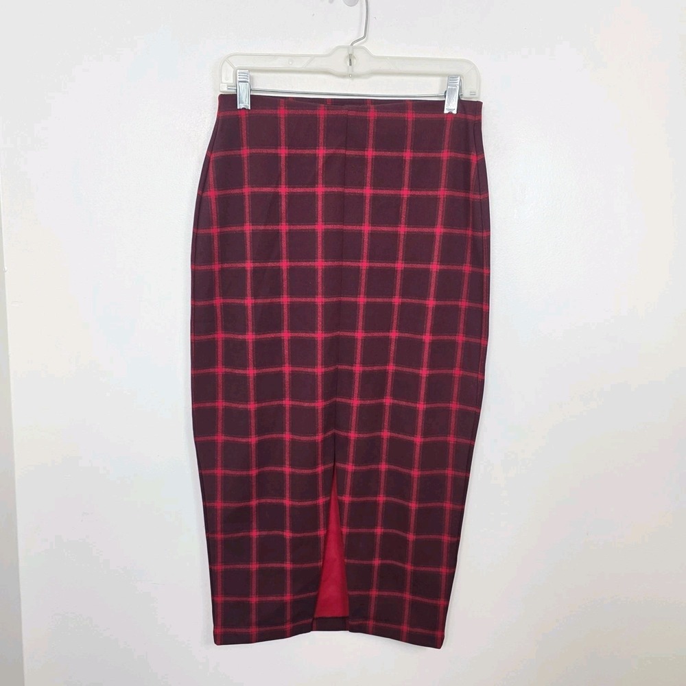Old Navy Red Burgundy Gingham Pencil Front Slit Preppy Midi Skirt‎ Size Small